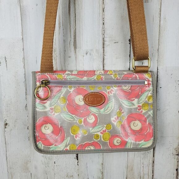 Fossil Floral Oil Cloth Crossbody Bag Purse Pink Gray - Picture 2 of 11